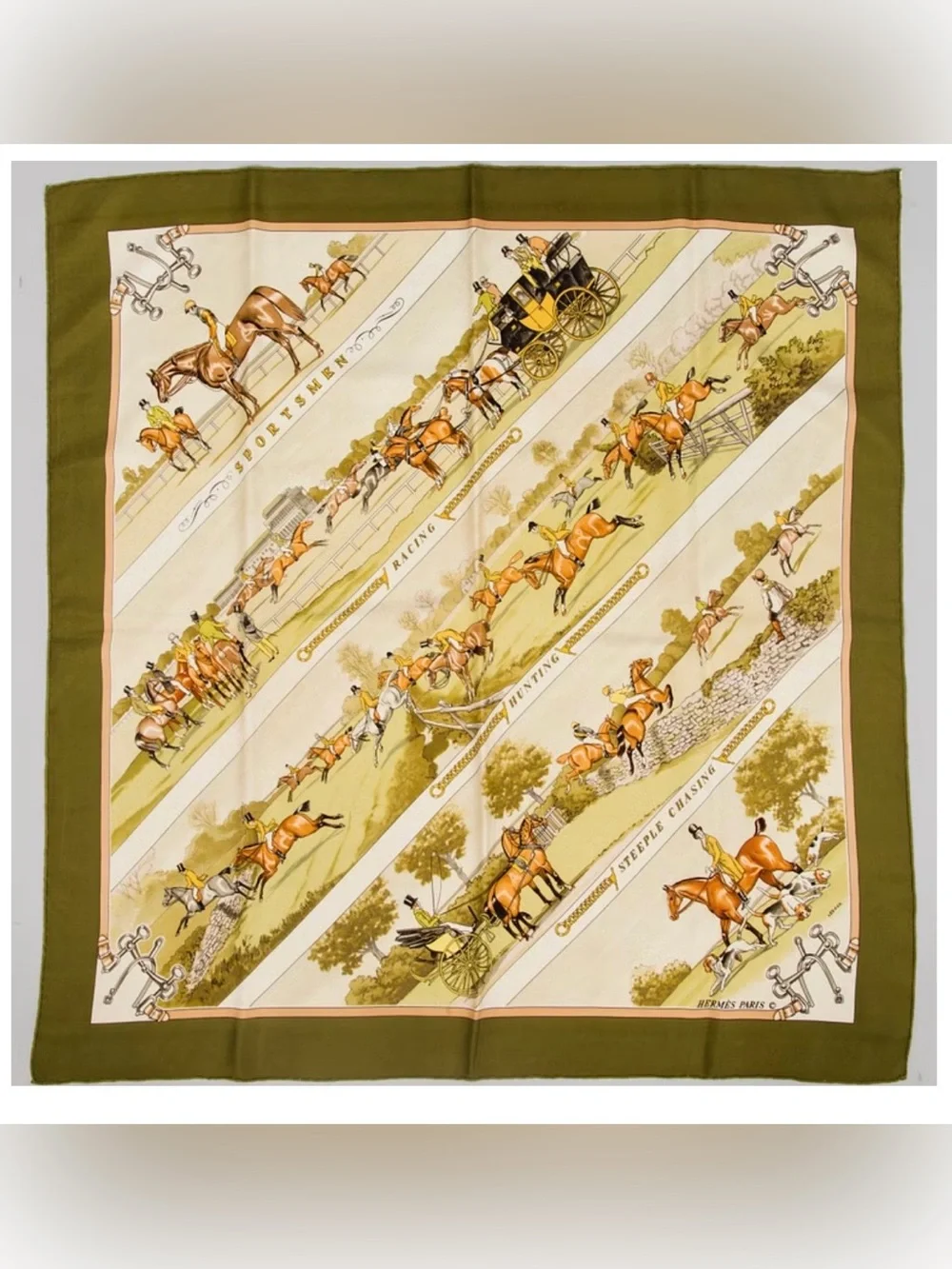 VTG Hermes Olive and Cream Equestrian Silk Scarf - Picture 3 of 12